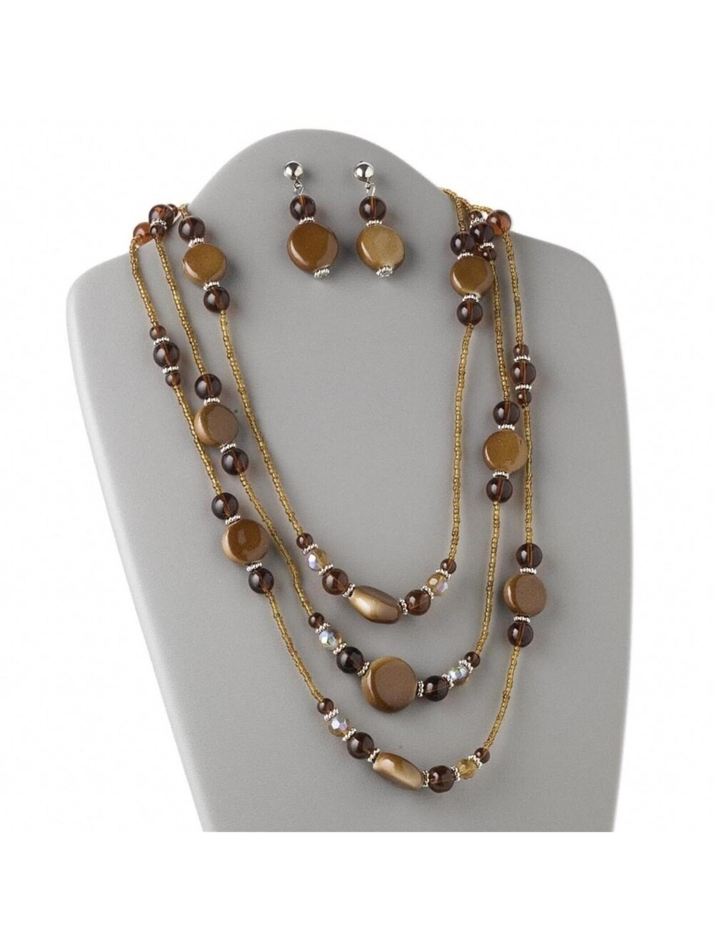 Mocha Brown Porcelain and Amber Glass Necklace Earrings Jewelry Set